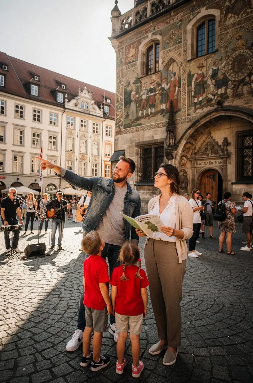 Fröhliche Familie genießt eine Pause an einem kinderfreundlichen Seeufer in Deutschland.